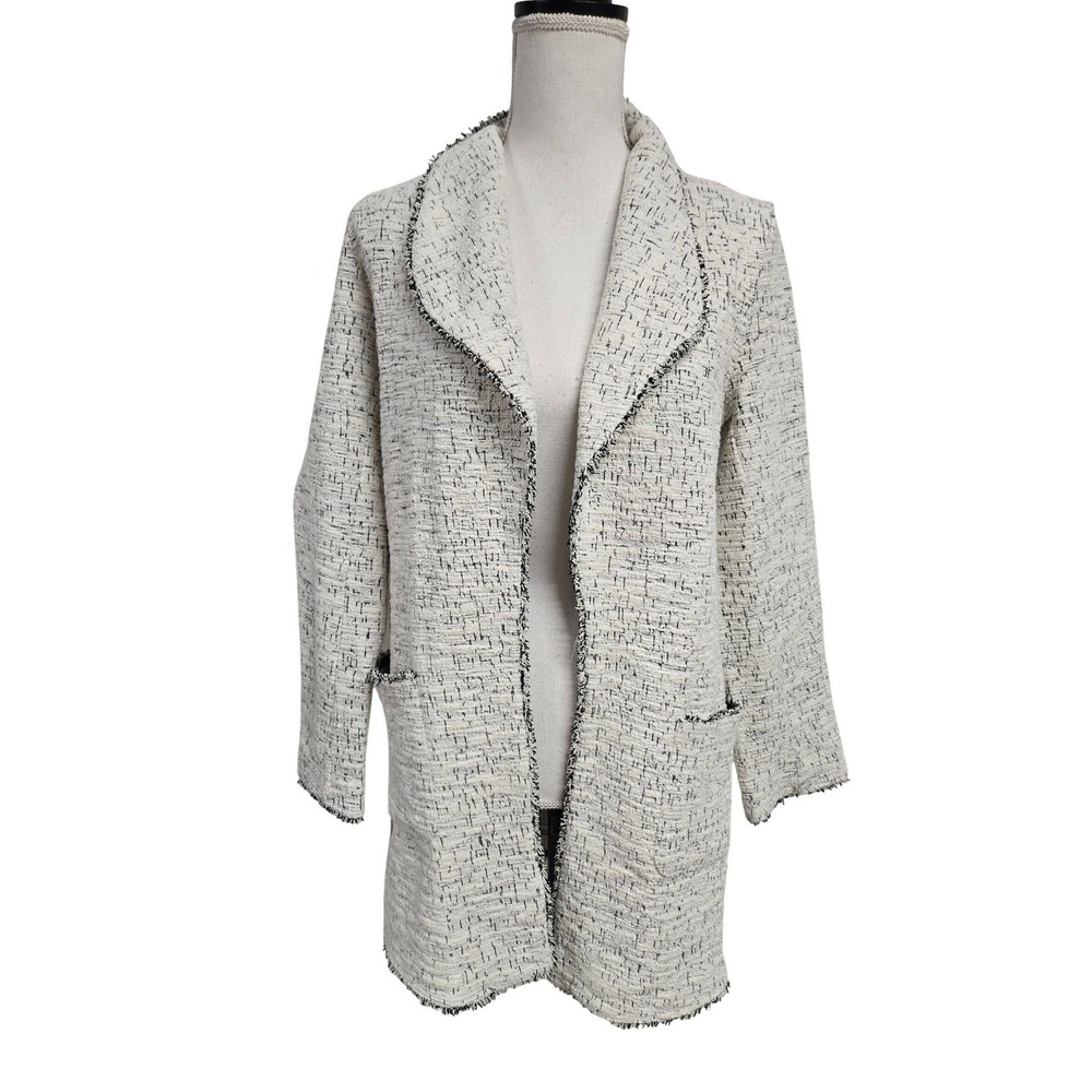 Max Studio Tweed Knit Open Front Cardigan Jacket‎ White Black Women's Size M